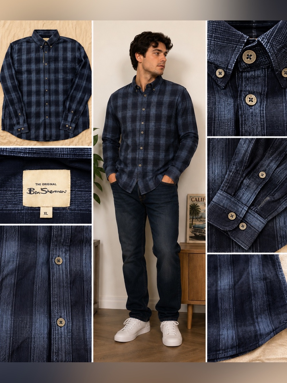 Ben Sherman Men’s XL Navy Plaid Mod Fit Button-Down Shirt NWT 100% Cotton